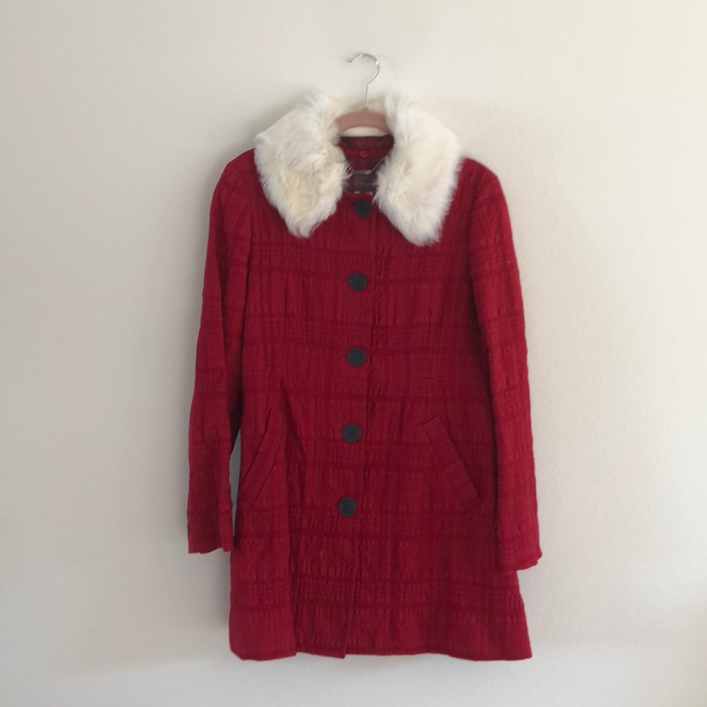 Jigsaw London Red Cotton Coat w/ White Fur